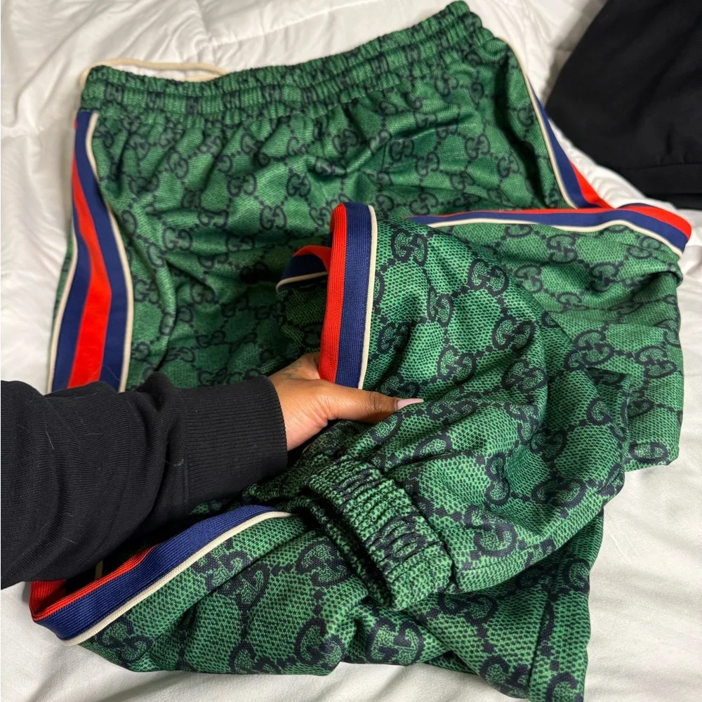 GUCCI - Webbing-Trimmed Monogrammed Tech-Jersey Track Pants - Green 2X - Picture 6 of 13